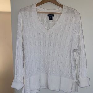 Jones New York White V-Neck Cable Sweater